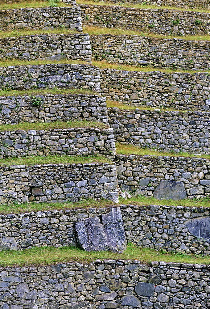 Dry-stone walls of Machu Picchu ruins of Inca citadel in Peru, South America