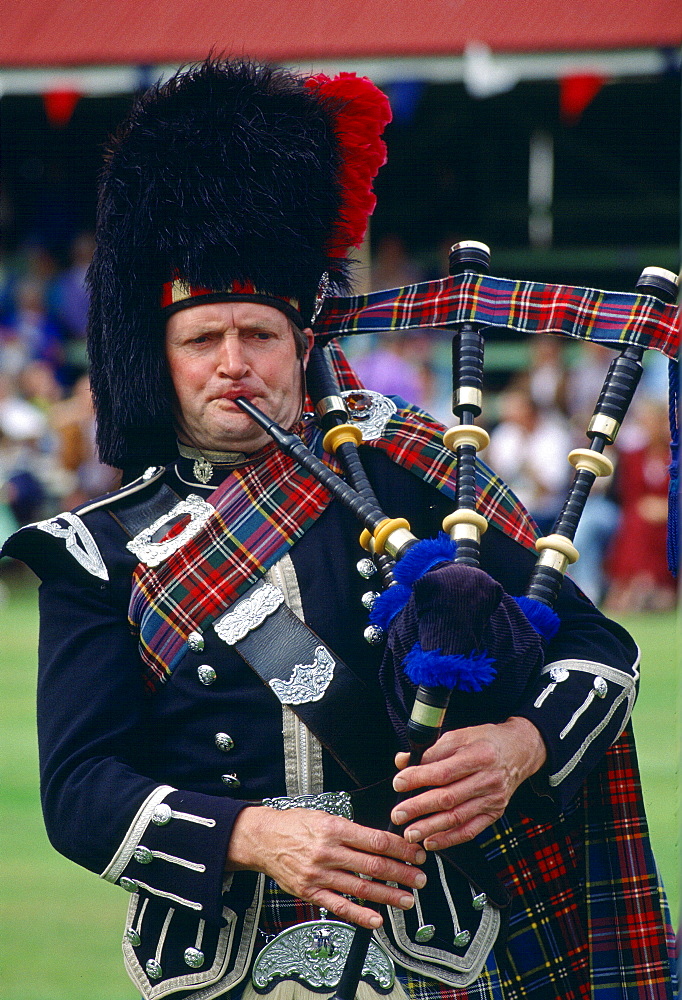 A Scotsman playing the Bagpipes at the Braemar Games, a Royal Highland gathering.  He is wearing a traditional tartan costume and a busby style hat.