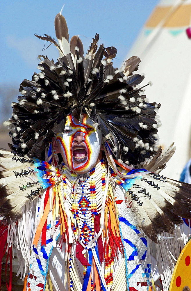 Canadian Plains Indians at cultural display at Wanuskewin Heritage Park in Saskatoon, Canada