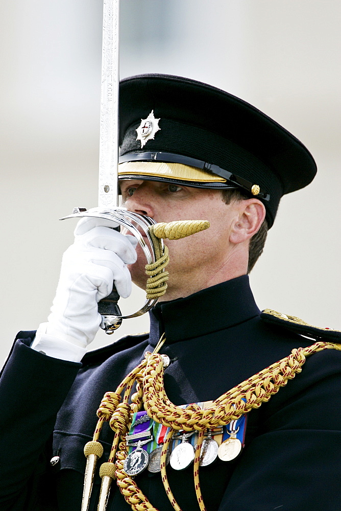 Officer taking the Passing Out Parade at Sandhurst, Surrey, United Kingdom.