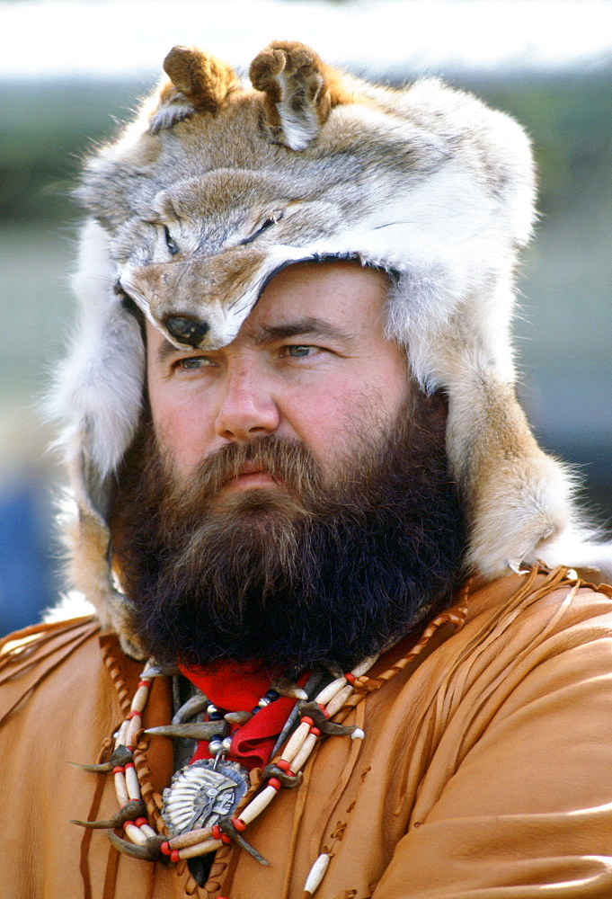 Pioneer wearing a Critters hat, Sutters Fort, United States of America