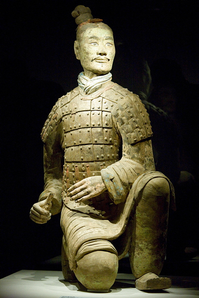 Three coloured kneeling archer Terracotta warrior on display in the Shaanxi History Museum, Xian, China