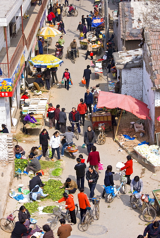 Traditional Chinese street market viewed from the City Wall, Xian, China