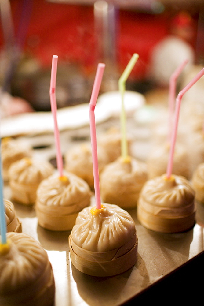 Chicken soup dumplings with straws for sale in the Night Market, Wangfujing Street, Beijing, China