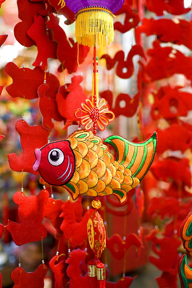 Hanging mobile ornaments on sale in traditional Graham Street market near Sheung Wan, Hong Kong, China