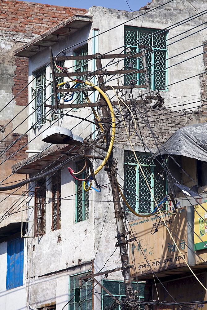 Electricity pylon at Khari Baoli, Old Delhi, India