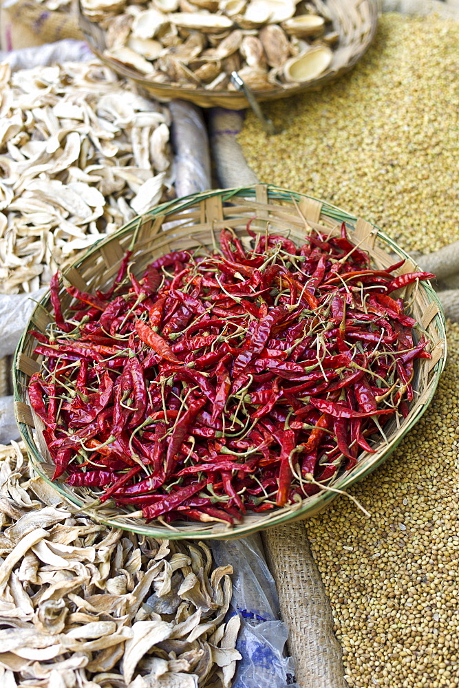 Red chillies and dried mango skins on sale at Khari Baoli spice and dried foods market, Old Delhi, India