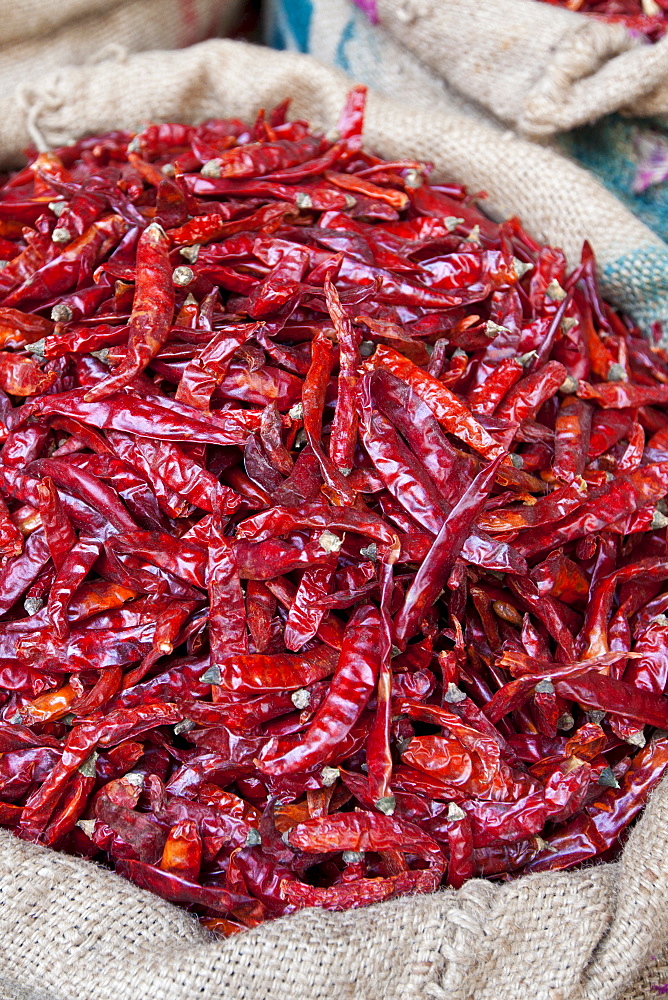 Red chillies on sale at Khari Baoli spice and dried foods market, Old Delhi, India