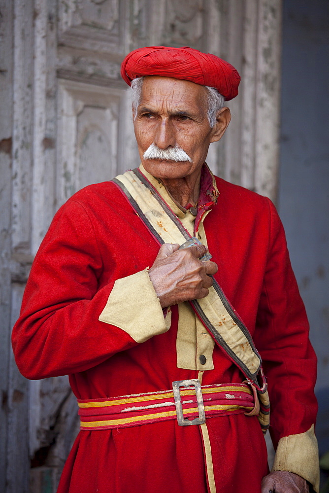 Hindu temple guard in holy city of Varanasi, Benares, India