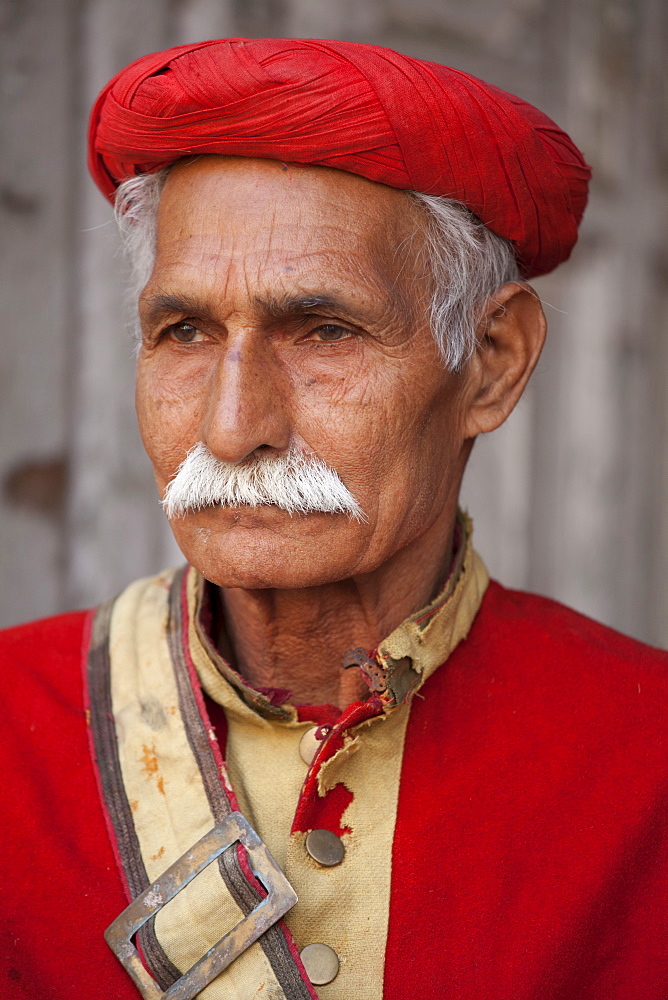 Hindu temple guard in holy city of Varanasi, Benares, India