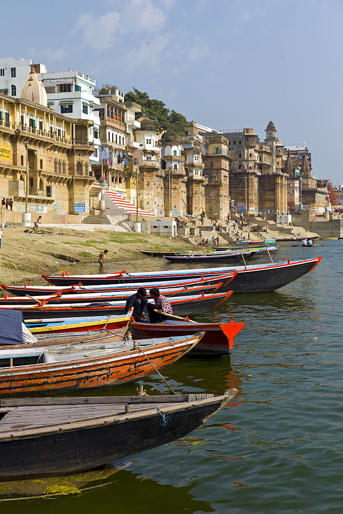 Boats in The Ganges River at Ranamahal Ghat and Chousatti Ghat in Holy City of Varanasi, Benares, India