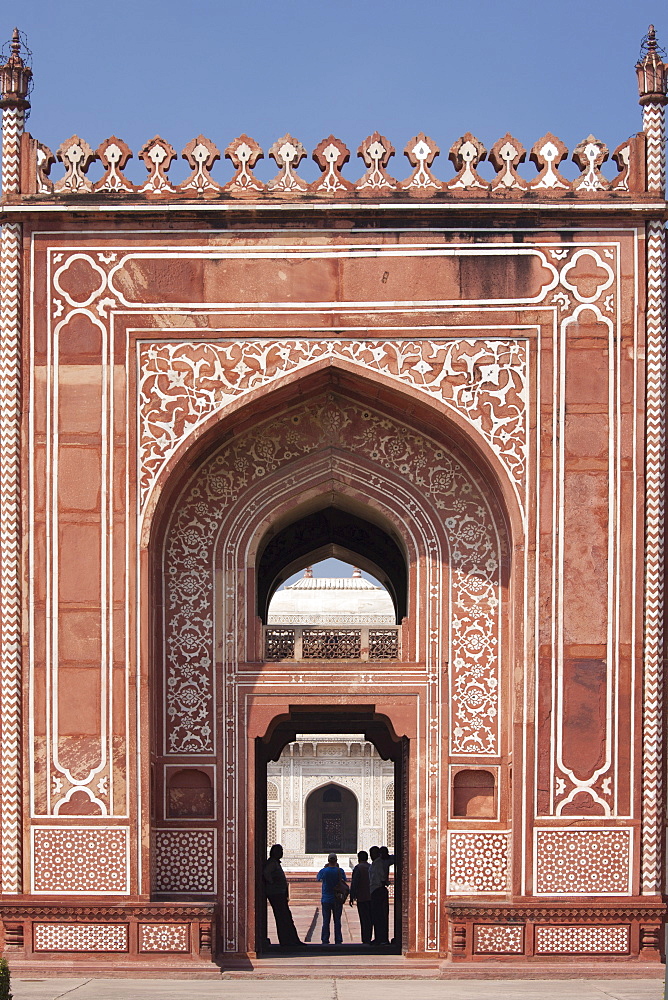 Sandstone and marble gateway to 17th Century Tomb of Etimad Ud Doulah, 17th Century Mughal, tomb built 1628, Agra, India