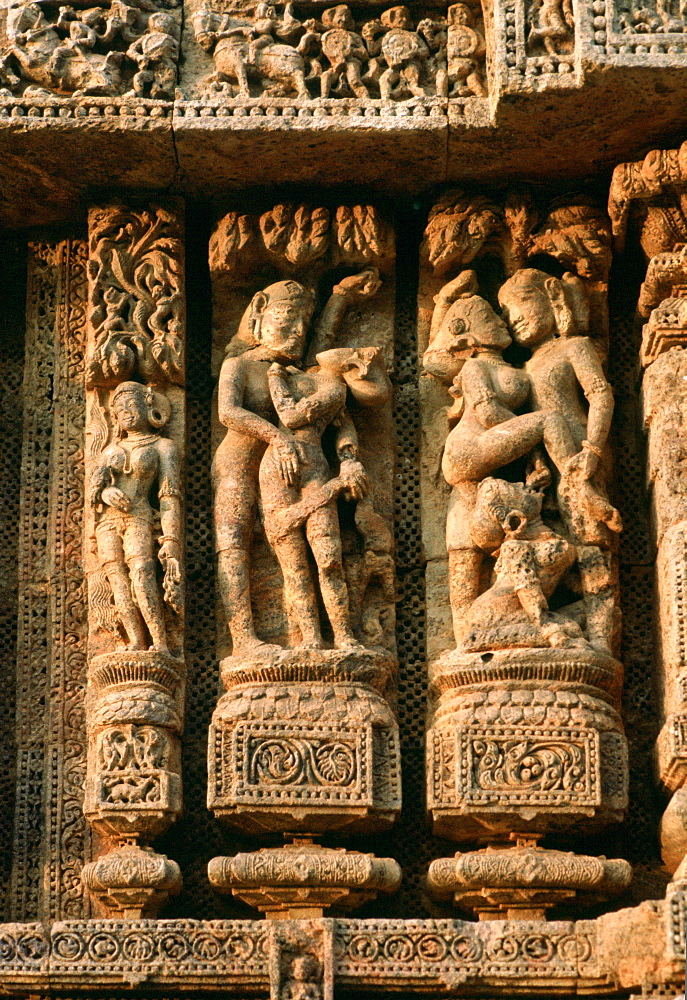 Erotic carvings on the Sun Temple at Karnak, India show men and women in sexual poses.