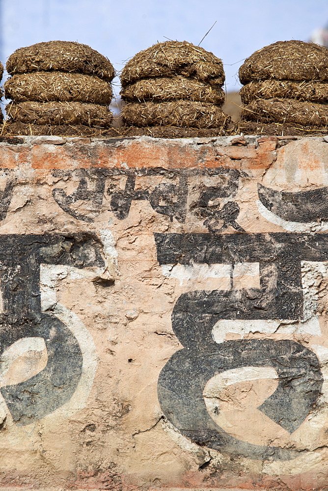 Indian village home with dried cow dung for fuel in Sawai Madhopur in Rajasthan, Northern India