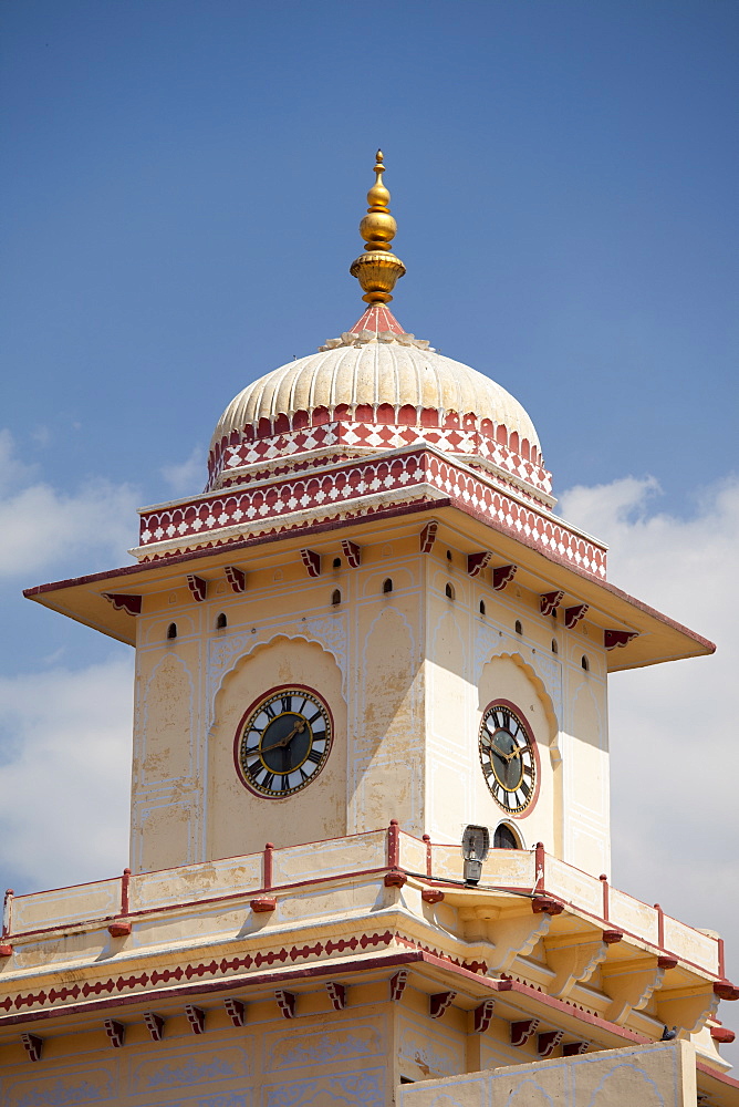 Clock Tower (20th Century) of stone and lime plaster at The Maharaja of Jaipur's Moon Palace in Jaipur, Rajasthan, India