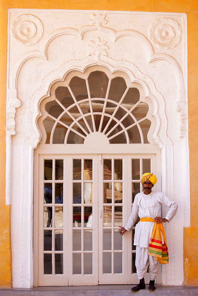 Hindu ceremonial guard at Mehrangarh Fort at Jodhpur in Rajasthan, Northern India