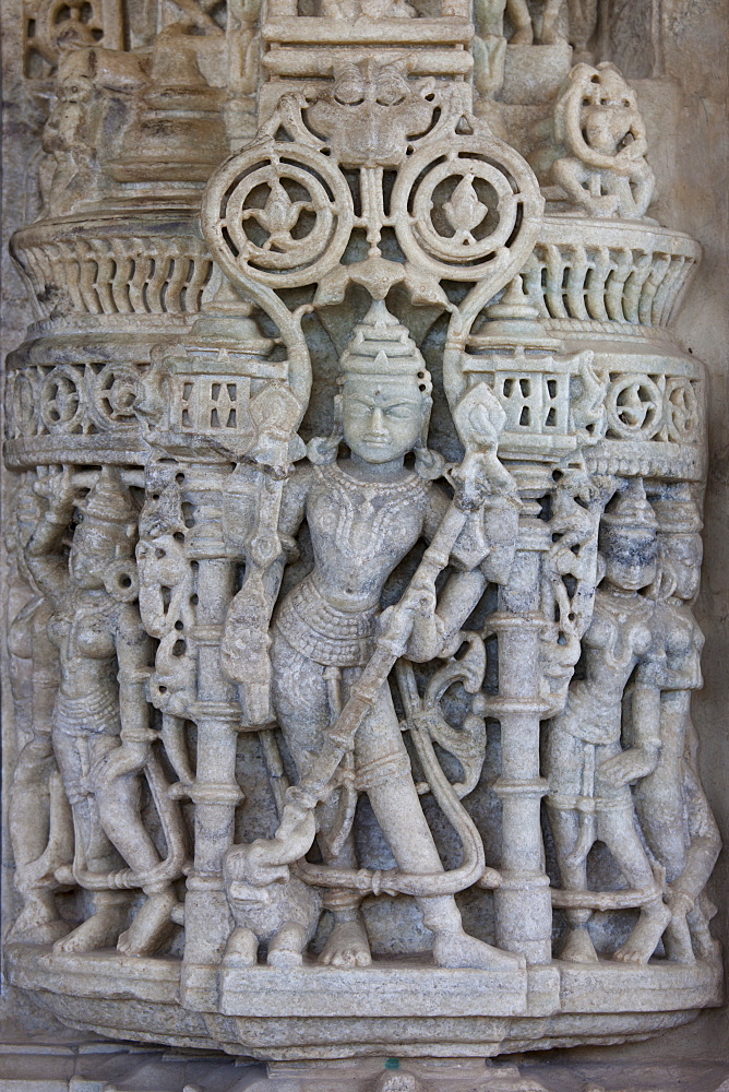 Detail of stone carvings at The Ranakpur Jain Temple at Desuri Tehsil in Pali District of Rajasthan, Western India