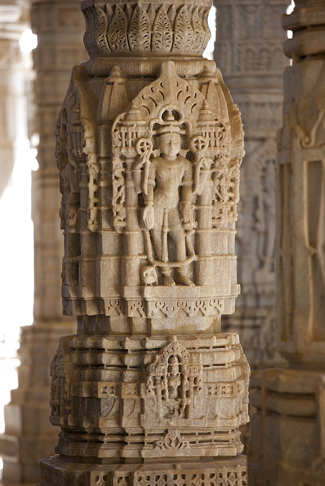 Stone carvings and marble pillars at The Ranakpur Jain Temple at Desuri Tehsil in Pali District of Rajasthan, Western India