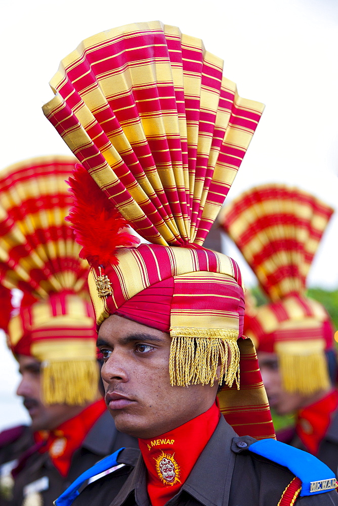 Jai Mewar ceremonial guard of 76th Maharana of Mewar, Shriji Arvind Singh Mewar of Udaipur, at the City Palace, Rajasthan, India