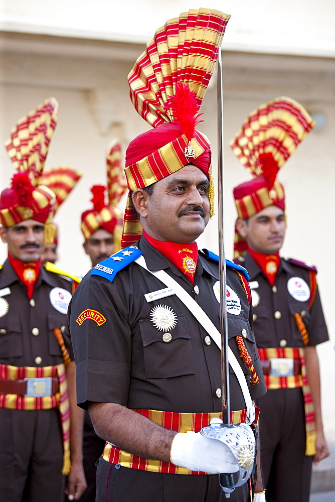 Jai Mewar ceremonial guard of 76th Maharana of Mewar, Shriji Arvind Singh Mewar of Udaipur, at the City Palace, Rajasthan, India