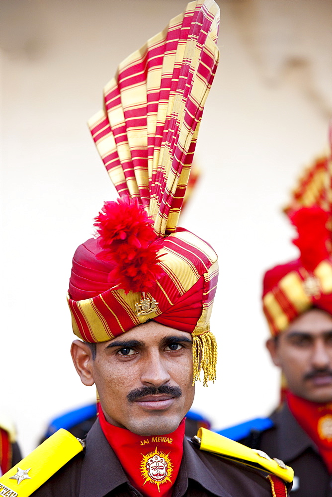 Jai Mewar ceremonial guard of 76th Maharana of Mewar, His Highness, Shriji Arvind Singh Mewar of Udaipur, at the City Palace, Rajasthan, India