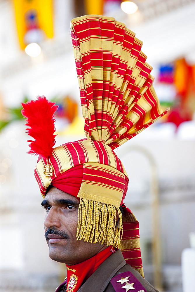 Ceremonial guard Jai Mewar of 76th Maharana of Mewar, His Highness, Shriji Arvind Singh Mewar of Udaipur, at the City Palace, Rajasthan, India