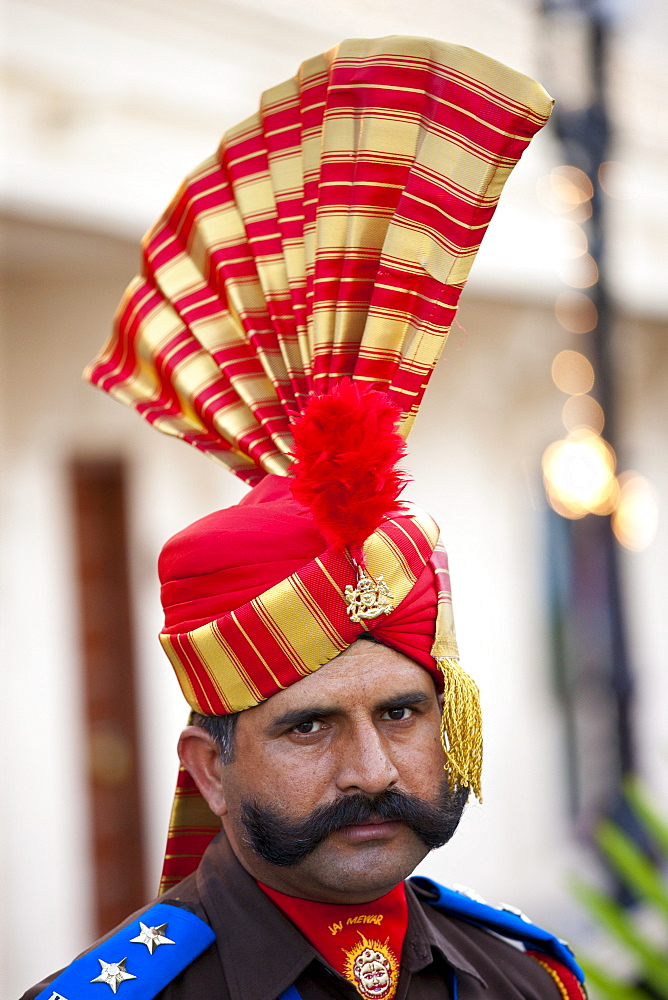 Ceremonial guard Jai Mewar of 76th Maharana of Mewar, His Highness, Shriji Arvind Singh Mewar of Udaipur, at the City Palace, Rajasthan, India