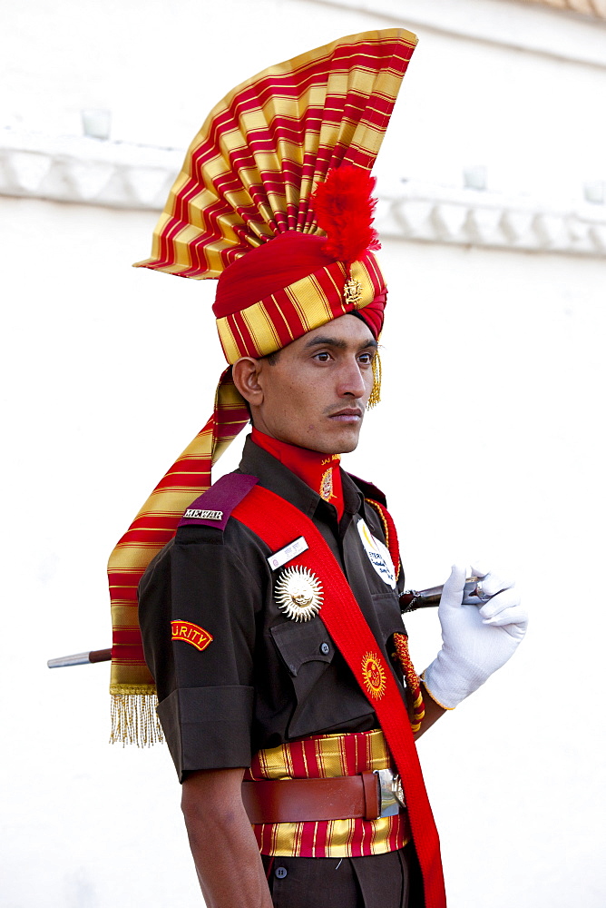 Ceremonial guard Jai Mewar of 76th Maharana of Mewar, His Highness, Shriji Arvind Singh Mewar of Udaipur, at the City Palace, Rajasthan, India