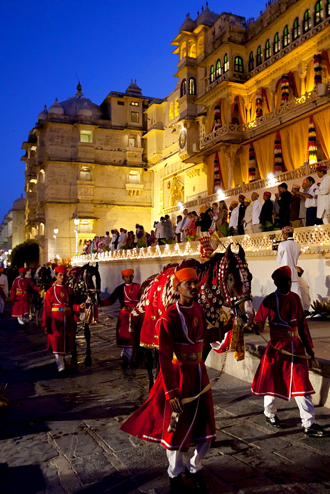 Ceremonial parade of 76th Maharana of Mewar, Shriji Arvind Singh Mewar of Udaipur, at Holi Fire Festival, City Palace, Rajasthan, India