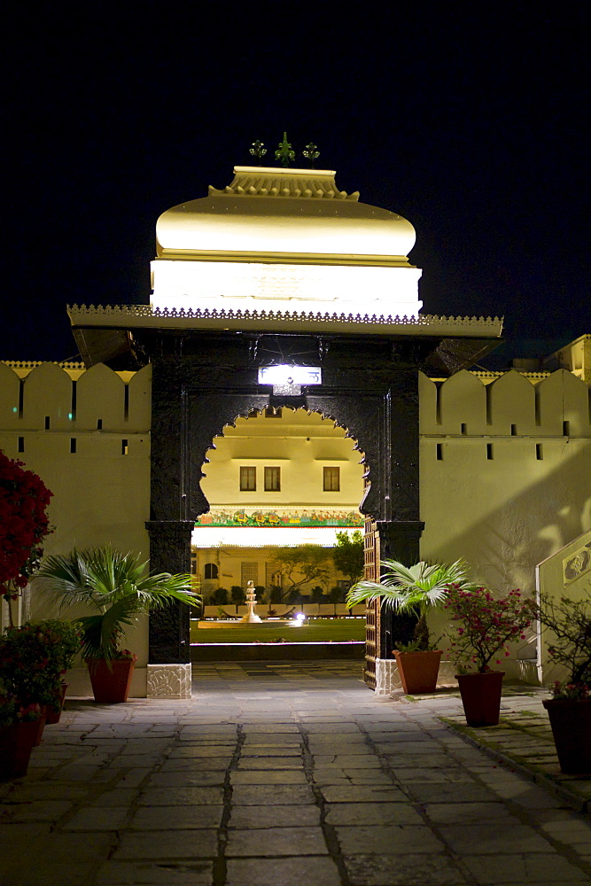 The Shiv Niwas Palace Hotel courtyard and fountain, part of HRH Hotels Group, in the City Palace Complex in Udaipur, Rajasthan, India