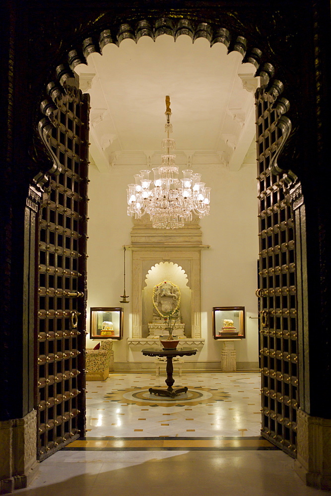 The Shiv Niwas Palace Hotel doorway and lobby, part of HRH Hotels Group, in the City Palace Complex in Udaipur, Rajasthan, India