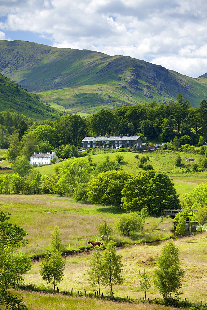 Cottages in Langdale Pass surrounded by Langdale Pikes in the Lake District National Park, Cumbria, UK