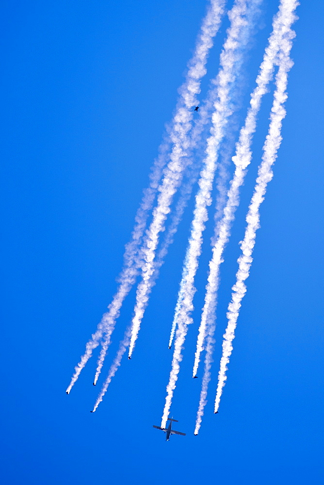 RAF Falcons freefall parachute team taking part in air display at RAF Brize Norton Air Base, UK