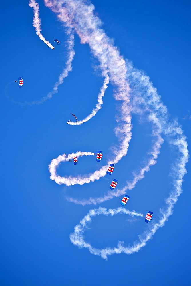 RAF Falcons freefall parachute team taking part in air display at RAF Brize Norton Air Base, UK