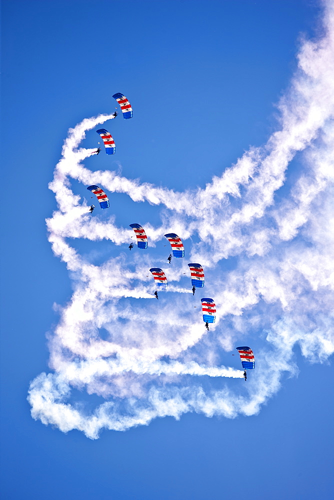 RAF Falcons freefall parachute team taking part in air display at RAF Brize Norton Air Base, UK