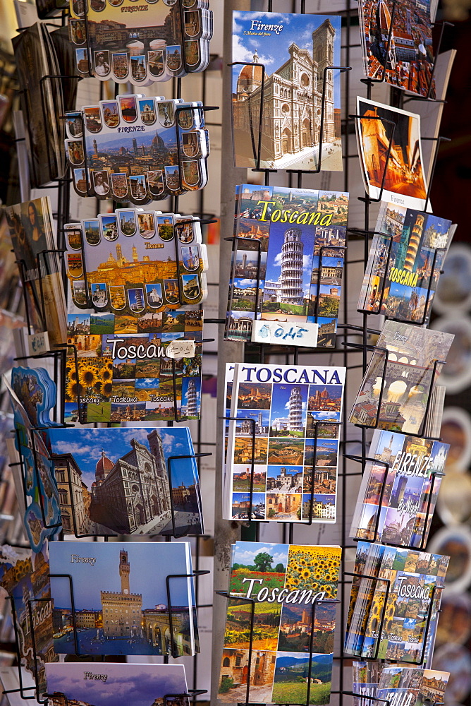 Souvenir stall in shop on the Ponte Vecchio, Florence, Tuscany, Italy