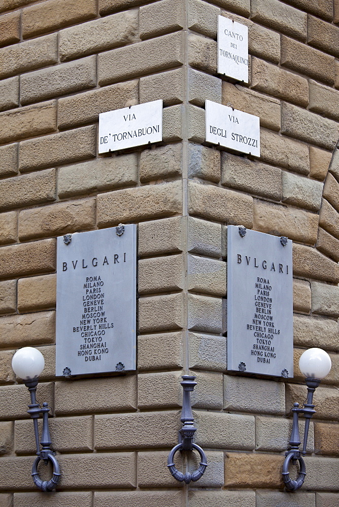 Bulgari jewellers sign on corner of Via de Tornabuoni and Via Degli Strozzi in Florence,Tuscany, Italy