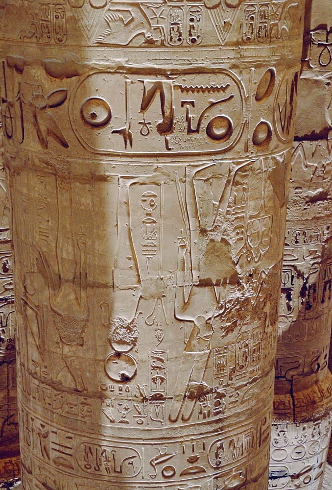 Inscriptions on a column in the Great Hypostyle Hall in Karnak Temple Cairo, Egypt