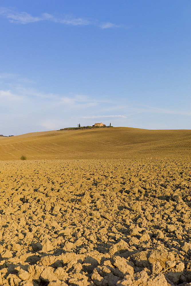 Typical Tuscan parched landscape near Pienza in Val D'Orcia, Tuscany, Italy