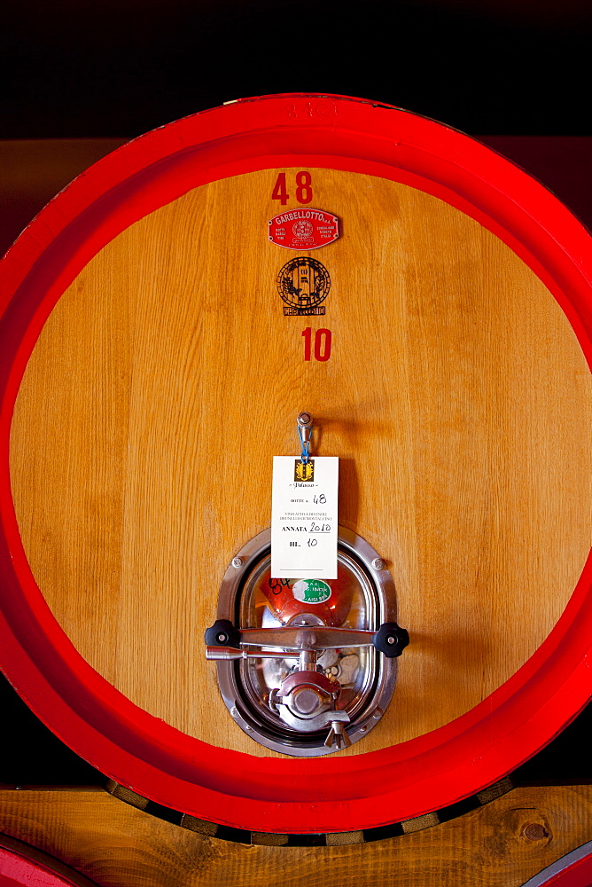 Brunello di Montalcino 2010 vintage wine stored in barrique barrels at the Palazzo wine estate in Val D'Orcia, Tuscany, Italy