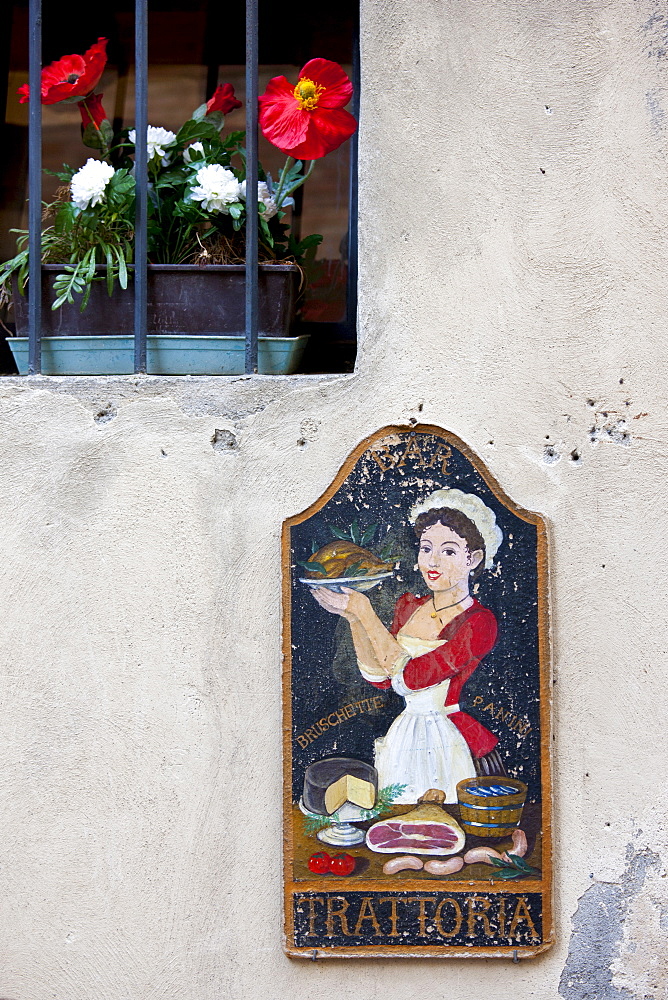 Trattoria sign in old hill town of Montalcino, Val D'Orcia,Tuscany, Italy