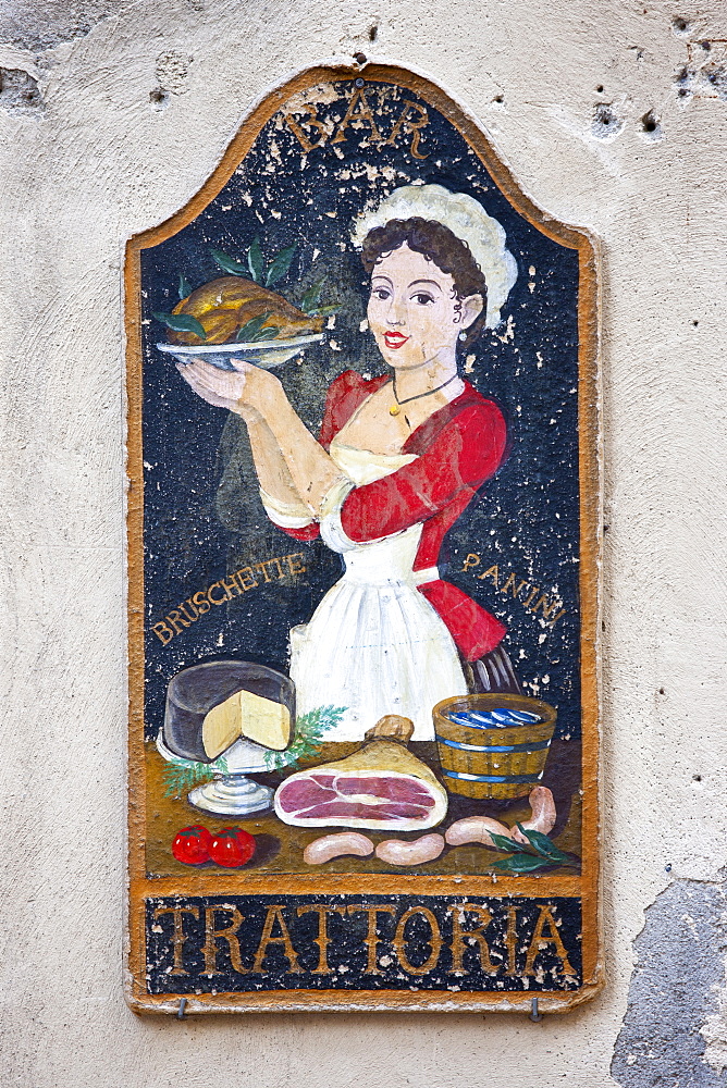 Trattoria sign in old hill town of Montalcino, Val D'Orcia,Tuscany, Italy