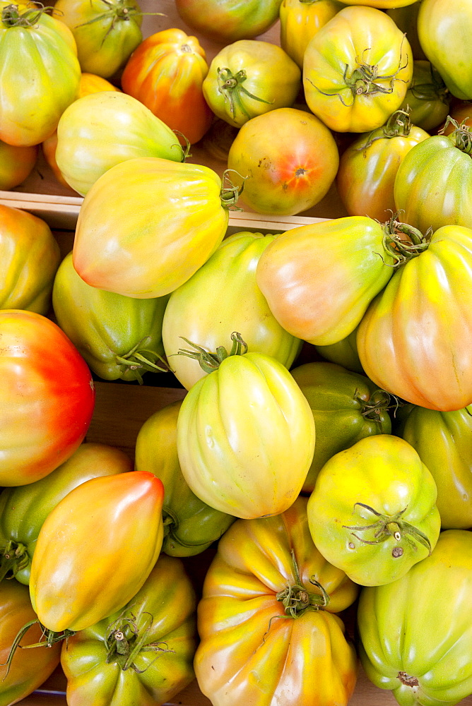 Fresh tomatoes, cuor di bue nostrale, on sale at weekly street market in Panzano-in-Chianti, Tuscany, Italy