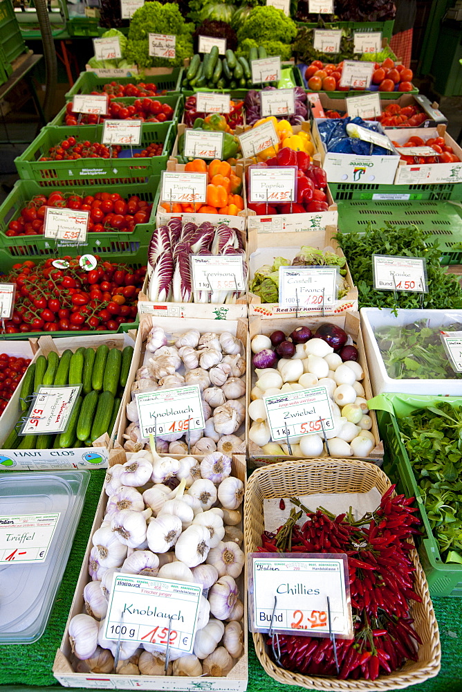 Fresh vegetables on sale at Viktualienmarkt food market in Munich, Bavaria, Germany