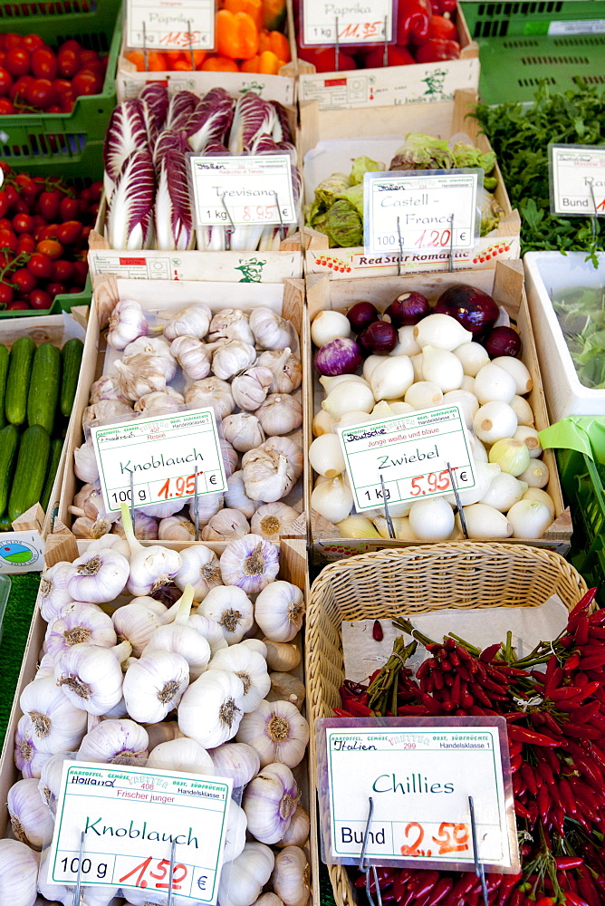 Fresh vegetables on sale at Viktualienmarkt  food market in Munich, Bavaria, Germany