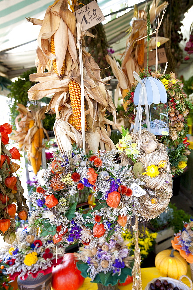 Dried flowers at traditional outdoor Christmas market at Viktualienmarkt  in Munich, Bavaria, Germany