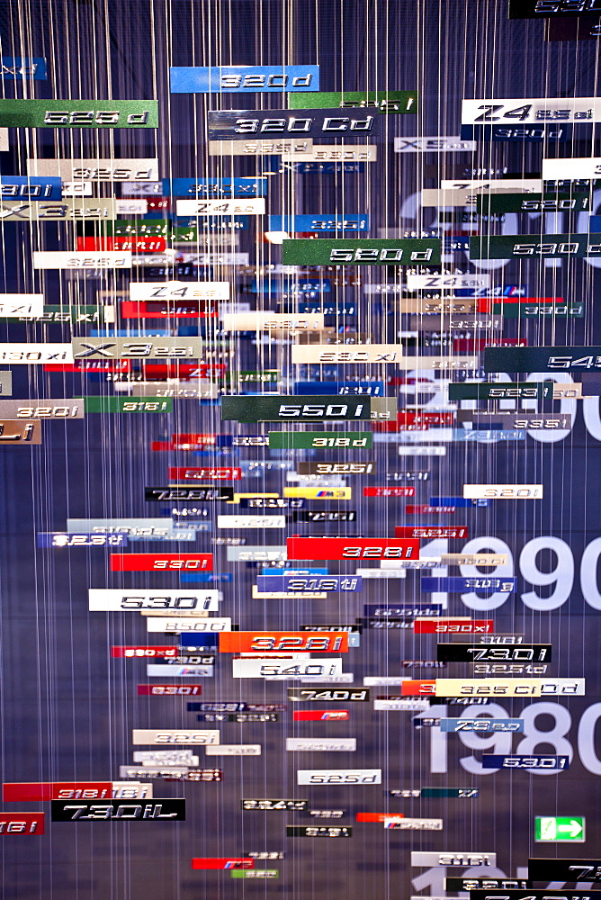 BMW series badges and nameplates in hanging display  at the BMW Museum and Headquarters in Munich, Bavaria, Germany