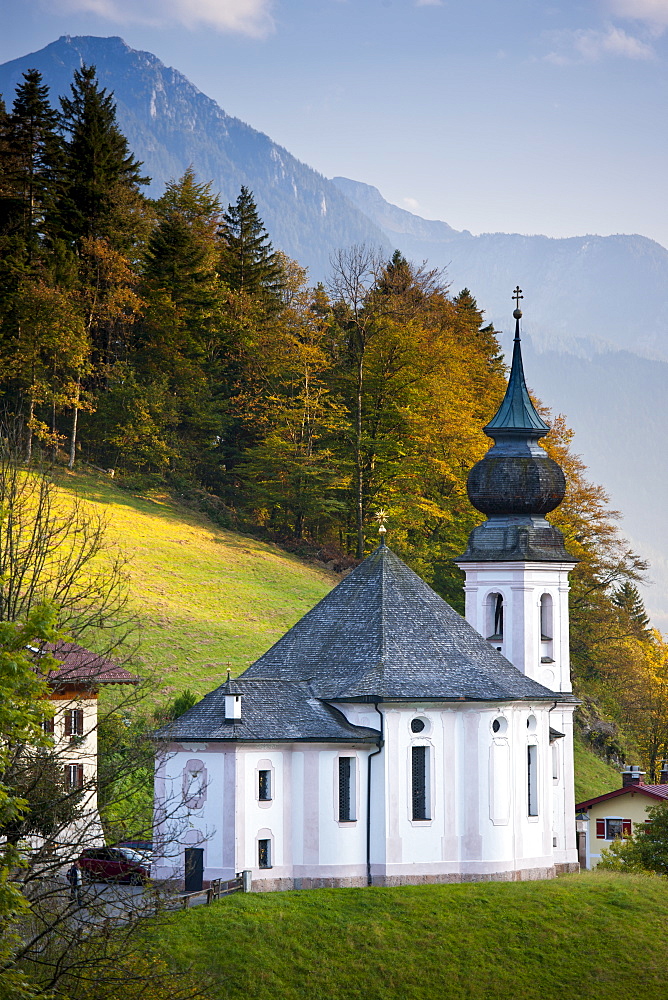 Wallfahrtskirche Maria Gern, traditional onion dome Roman Catholic church by Watzmann mountain at Berchtesgaden in Bavaria, Germany