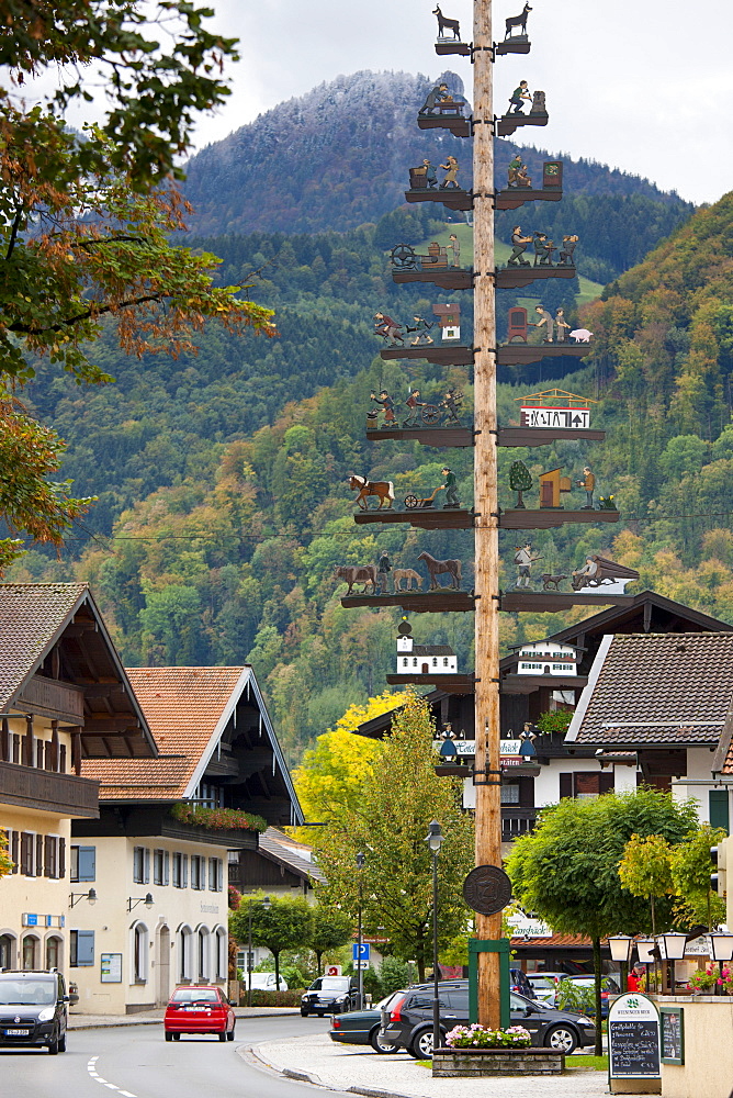 Maypole of rural pastoral and trades scenes at Grassau in Baden-Wurttenberg, Bavaria, Germany