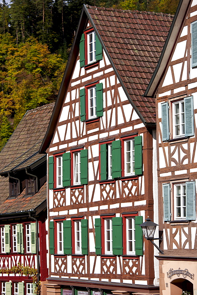 Windows and wooden shutters of quaint timber-framed house in Schiltach in the Bavarian Alps, Germany